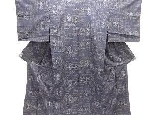 アンティーク　抽象壷に草花模様織り出し本場薩摩大島紬単衣着物